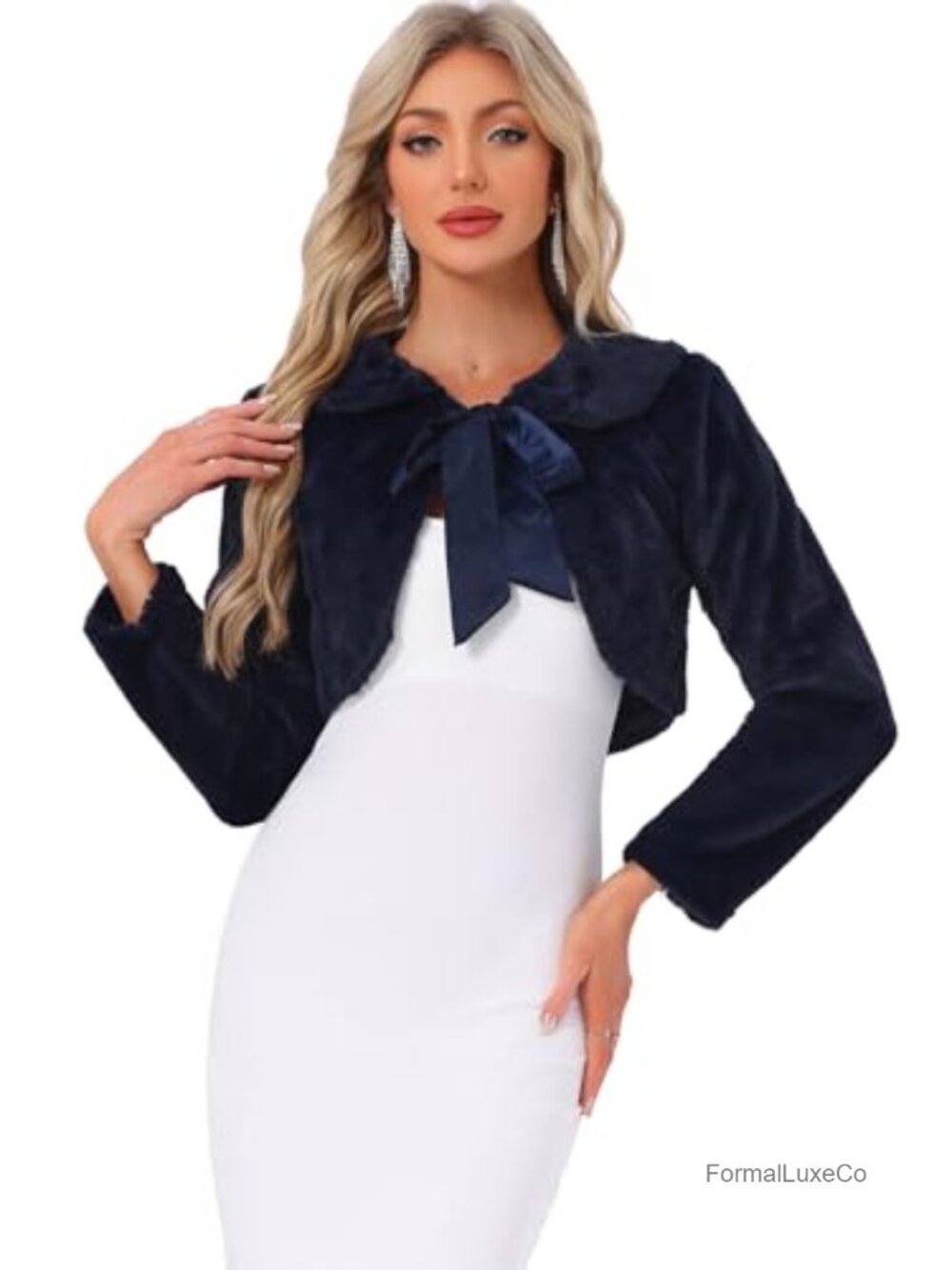 Faux Fur Crop Shrug Bolero Bow Tie Party Jacket